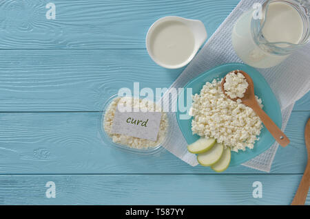 Cottage Cheese In Plastic Packaging And Milk On A Wooden Blue