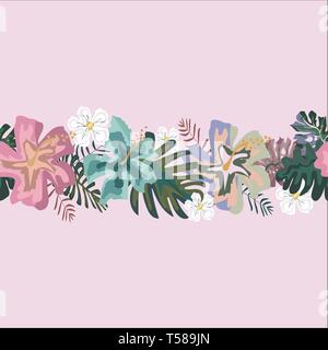 seamless brush of tropical flowers. Bright, exotic pattern. Vector illustration. Brush for invitation cards. Textile print Stock Vector