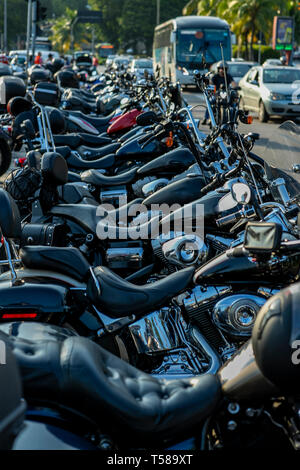 Powerful and beautiful motorcycles. Motorcycles and accessories in a modern motorcycle custom store. Biker stuff. Stock Photo