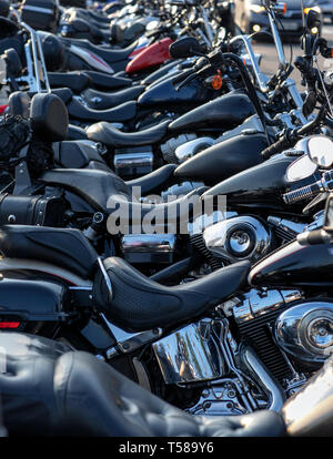 Powerful and beautiful motorcycles. Motorcycles and accessories in a modern motorcycle custom store. Biker stuff. Stock Photo