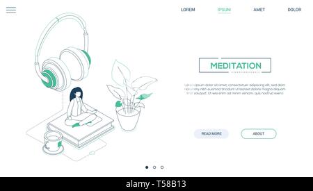 Meditation - line design style isometric web banner Stock Vector