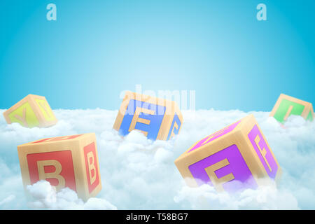 3d close-up rendering of several ABC blocks on thick layer of white fluffy clouds with blue sky above. Stock Photo