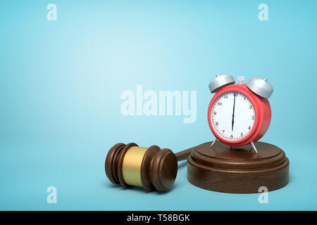 3d rendering of red alarm clock standing on sounding block with judge gavel lying beside on light-blue background. Stock Photo