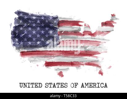 America flag watercolor painting design . Country map shape . Independence day concept ( 4 July 1776 ) . Vector . Stock Vector