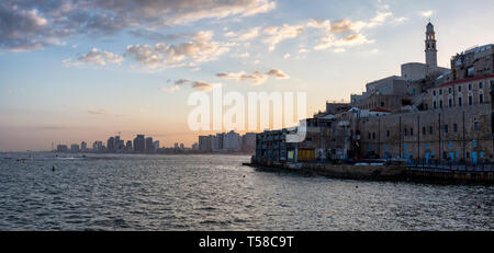 Beautiful panoramic view of a Port of Jaffa during a colorful sunrise. Taken in Tel Aviv-Yafo, Israel. Stock Photo