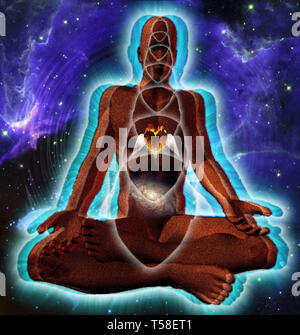 Man figure in lotus pose with burning heart Stock Photo