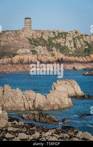 View of World War 2 German Fotified Observation Tower at La Corbiere, Jersey, Channel Isands Stock Photo