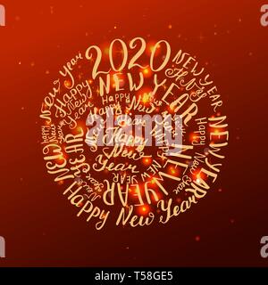 2020 New Year. Handwritten words. Vector illustration. Red glow greeting card Stock Vector