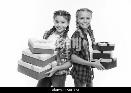 Kids Little Girls With Braids Hairstyle Hold Piles Gift Boxes