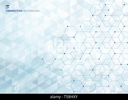 Abstract hexagons with nodes digital geometric with lines and dots geometric triangles pattern light blue color background and texture. Technology con Stock Vector