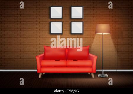 Interior of living room and loft. Red Sofa and Vintage floor lamp. Night scene and Light switch on. White bricks and wooden floor. Vector Illustration Stock Vector