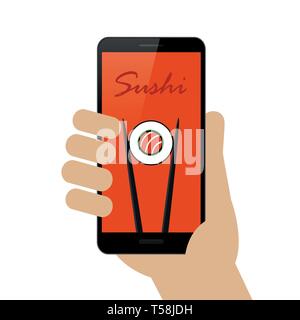 person ordered sushi online via smartphone isolated on white background vector illustration EPS10 Stock Vector