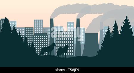 wolves in the forest look on the city and pollution by industry with smog vector illustration EPS10 Stock Vector