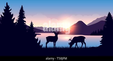 two moose graze by the river in the forest at sunrise vector illustration EPS10 Stock Vector