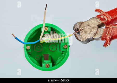 Cutting ends of copper wiring of round outlet box for wall light with nippers tool, electrical maintenance. Stock Photo