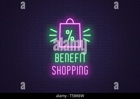 Neon composition of headline Benefit Shopping. Vector illustration of glowing Neon Bag and text Benefit Shopping. Bright digital signboard for E-comme Stock Vector