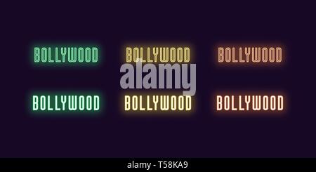 Neon icon set of Bollywood word. Vector illustration of glowing Neon text Bollywood. Isolated digital collection of signs, symbols and Indian Cinema i Stock Vector