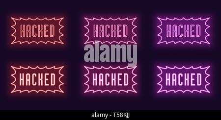 Neon icon set of stamp Hacked. Vector illustration of glowing Neon text Hacked with border frame. Isolated digital collection of signs, symbols and la Stock Vector