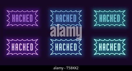 Neon icon set of stamp Hacked. Vector illustration of glowing Neon text Hacked with border frame. Isolated digital collection of signs, symbols and la Stock Vector