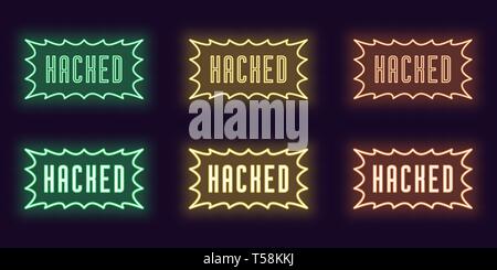 Neon icon set of stamp Hacked. Vector illustration of glowing Neon text Hacked with border frame. Isolated digital collection of signs, symbols and la Stock Vector