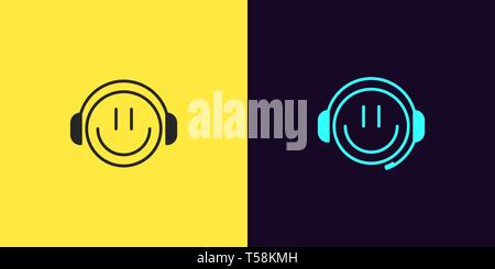 Icon set of emoji Gamer with Smile and Headphones. Illustration of cartoon Gamer or chat Bot or Dj in outline style. Isolated collection of signs, sym Stock Vector