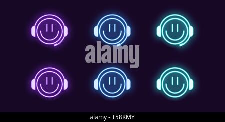 Neon icon set of emoji Gamer with Smile and Headphones. Glowing Neon Gamer or chat Bot or Dj, vector illustration. Isolated digital collection of sign Stock Vector