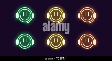 Neon icon set of emoji Gamer with Smile and Headphones. Glowing Neon Gamer or chat Bot or Dj, vector illustration. Isolated digital collection of sign Stock Vector