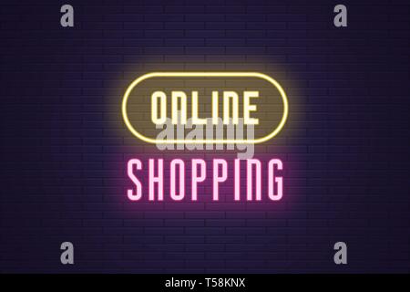 Neon composition of headline Online Shopping. Glowing Neon text Online Shopping. Bright digital signboard for E-commerce, Vector illustration. Yellow  Stock Vector