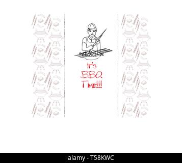 Man Cooking meat on Grill - invitation to the party Stock Vector