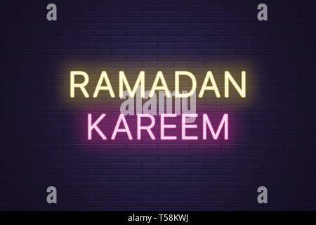 Neon composition of headline Ramadan Kareem. Glowing Neon text Ramadan Kareem. Bright digital signboard, Holy Month for Muslims. Vector illustration b Stock Vector