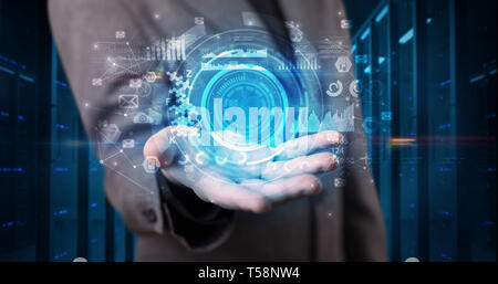 Man holding hologram projection displaying biometric security concept  Stock Photo