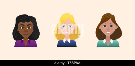 Characters avatars woman female profile in flat cartoon style color illustration. Stock Vector