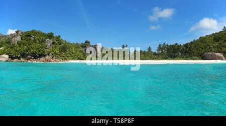 Panoramic view from boat of beautiful remote beach in the seychelles little sister island Stock Photo