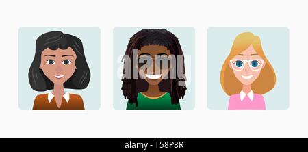Characters avatars woman female profile in flat cartoon style color illustration. Stock Vector