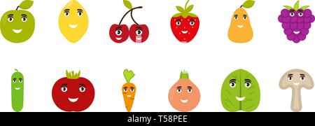 Fruits and vegetables funny faces, happy emoticons vector flat icons Stock Vector