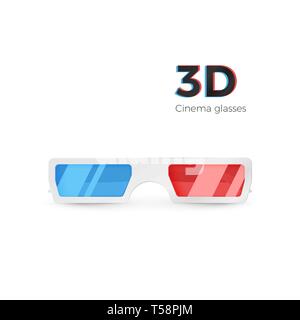 Realistic 3d white glasses front view. Paper cinema glasses with red and blue glass. Vector illustration isolated on white background Stock Vector