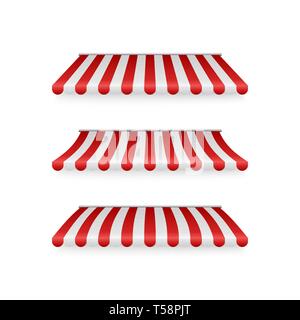 Realistic set of striped red and white awnings. Tents or textile roofs for retail shop. Vector illustration isolated on white background Stock Vector