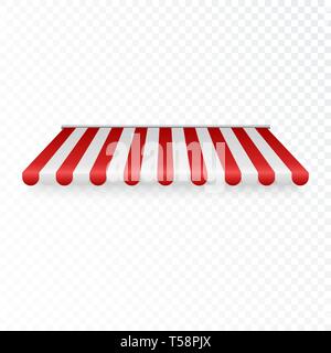 Outdoor awning. Striped tent or textile roof for retail shop. Red and white sunshade. Vector illustration Stock Vector