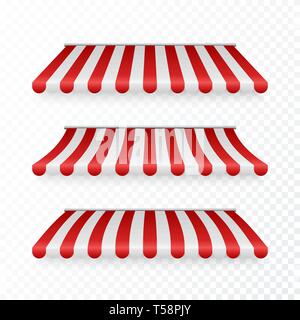 Awning set with shadows. Marketplace striped roof. Vector illustration Stock Vector