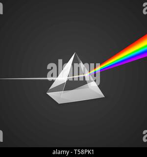Dispersion. Glass prism and beam of light. Science experiment with light. Colorful spectrum of light. Vector illustration Stock Vector