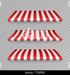 Marketplace striped roof. Awning set with shadows. Vector illustration isolated on transparent background Stock Vector