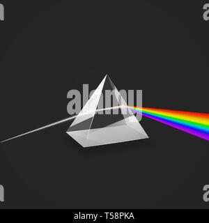 Dispersion. Colorful spectrum of light. Glass prism and beam of light. Science experiment with light. Vector illustration Stock Vector