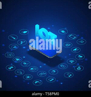 Internet of things concept. IOT isometric banner. Digital global ecosystem. Monitoring and control by smartphone. Blue technology bacoground. Vector i Stock Vector