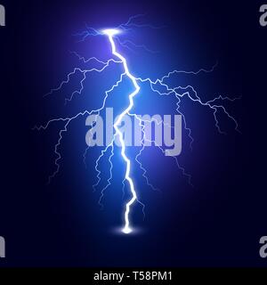 Lightning flash bolt. Thunderbolt isolated on dark background. Blue lightning template. Vector illustration Stock Vector