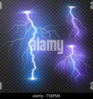 Lightning. Thunder storm realistic lightnings set. Magic and bright light effects. Vector Illustration isolated on transparent background Stock Vector