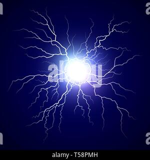 Plasma bolt. Fireball on dark background. Thunder storm flash light. Realistic electricity lightning. Vector illustration Stock Vector