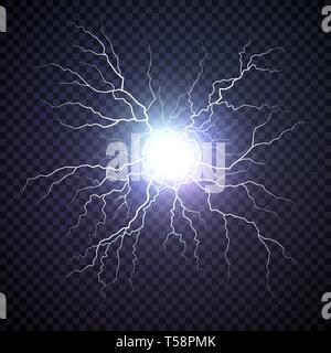 Plasma bolt. Fireball on dark background. Thunder storm flash light. Realistic electricity lightning. Vector illustration isolated on transparent back Stock Vector