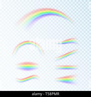 Rainbow set in different shapes. Fantasy art design. Spectrum of light, seven colors. Vector illustration isolated on transparent background Stock Vector