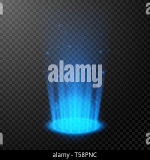 Round blue glow rays. Empty light effect podium. Night scene with sparks. Magic fantasy portal. Futuristic teleport. Vector illustration isolated on t Stock Vector