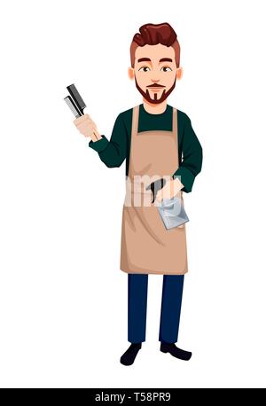 Barber man in hipster style holding combs and sprayer. Handsome cartoon character. Beard shave service. Vector illustration isolated on white backgrou Stock Vector